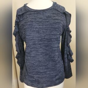 T81 August Silk stylish Heather Blue knit top with ruffly long sleeves Size L